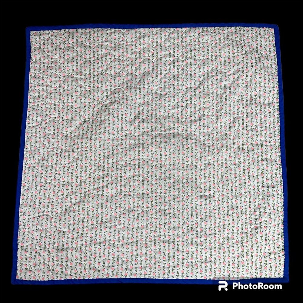 Vintage Handmade Baby Quilt Throw Blanket Pink Blue Hearts Floral Cottage 43x43 - Picture 2 of 8